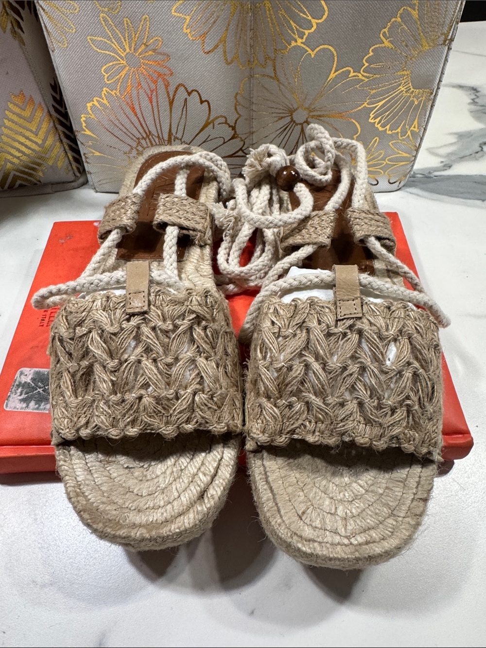 Zara Espadrille Sandals Womens 38 Tan Good Lace Up Woven Jute Platform Boho